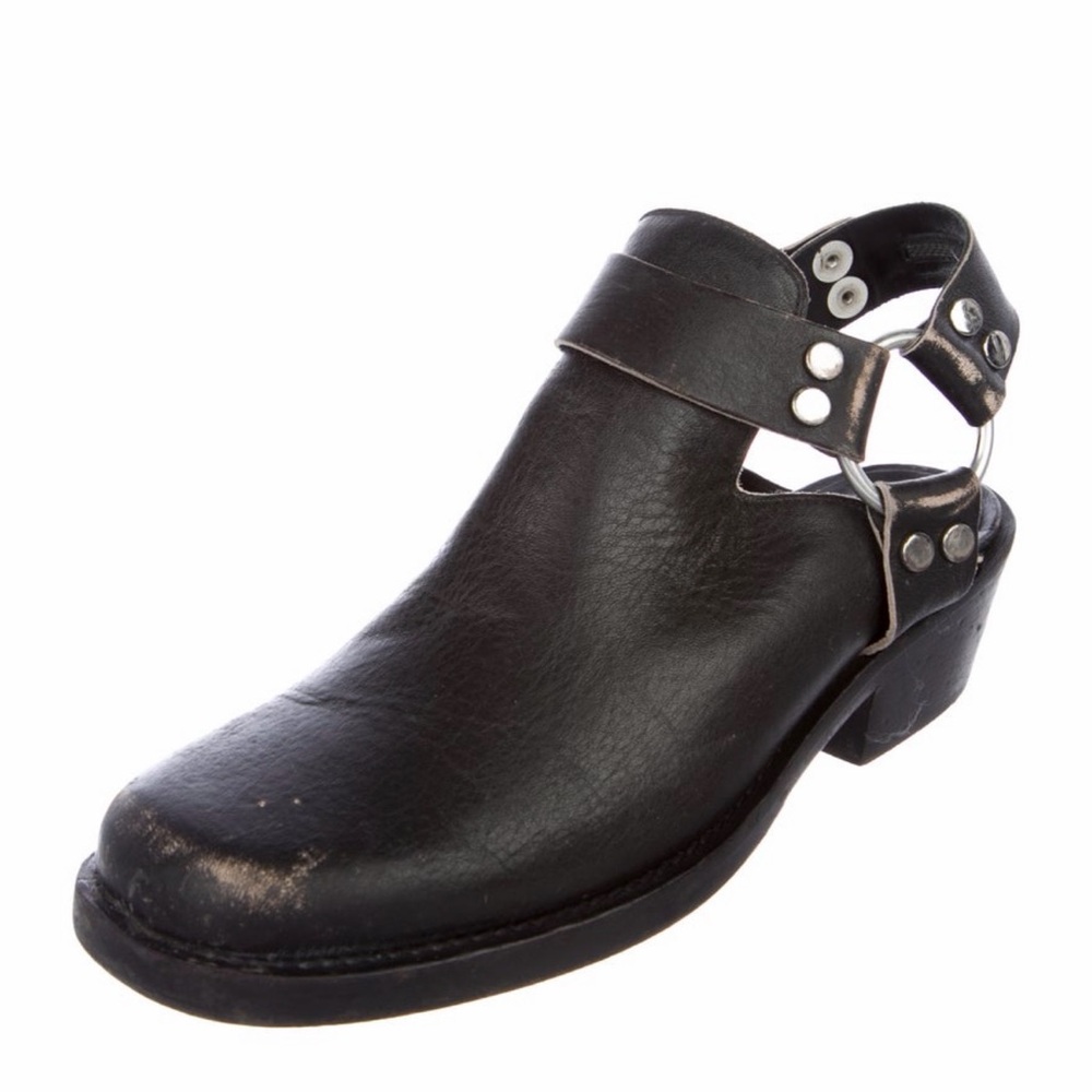 Balenciaga Black Distressed Leather
Moto Harness-Strap Mule Clog (Santiag)